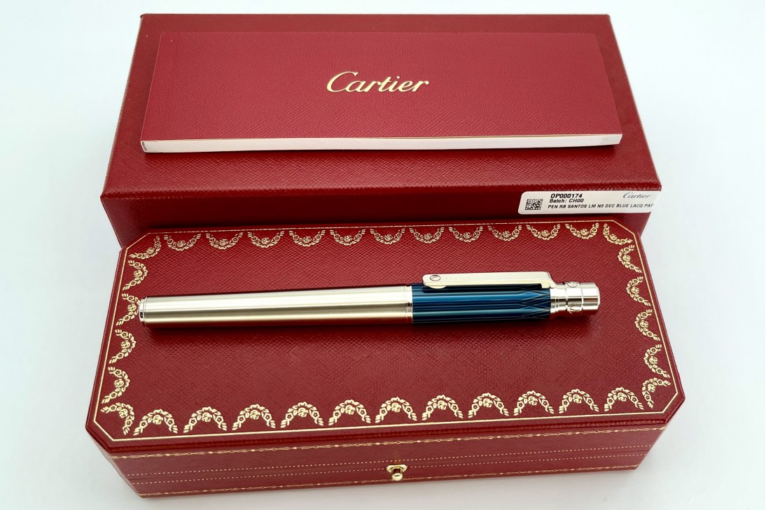 Cartier OP000174 Santos De Cartier Large Model Blue Lacquer Aeronaut Deco and Palladium Finish Roller Pen