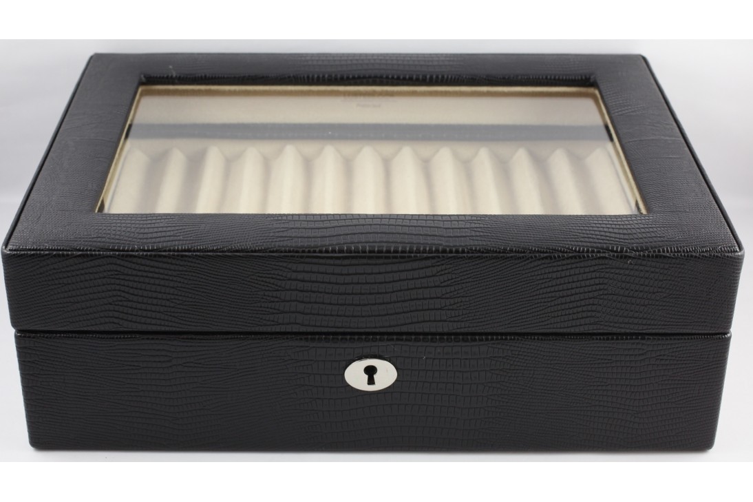 Wolf 23 pcs Display case with Glass Top in Black Teju Lizard Leather