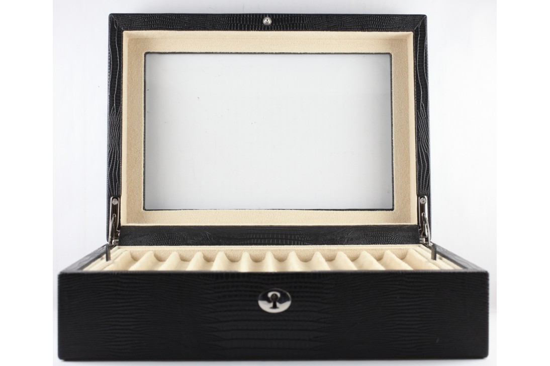Wolf 23 pcs Display case with Glass Top in Black Teju Lizard Leather