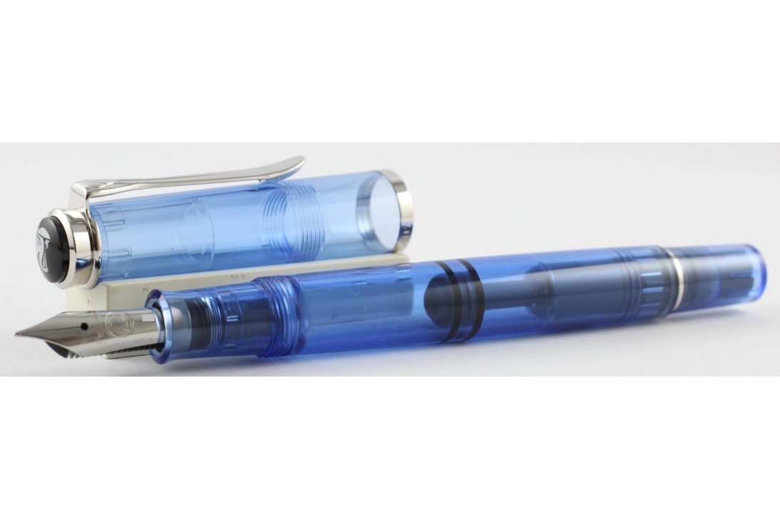 Pelikan Classic M205 Blue Demonstrator Fountain Pen New Model with Chrome Ring Top