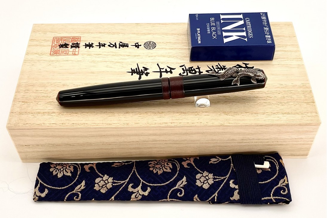 Nakaya Piccolo Long Writer Kuro-Tamenuri String-Rolled Model Fountain Pen with Silver Carp (Koi) Stopper