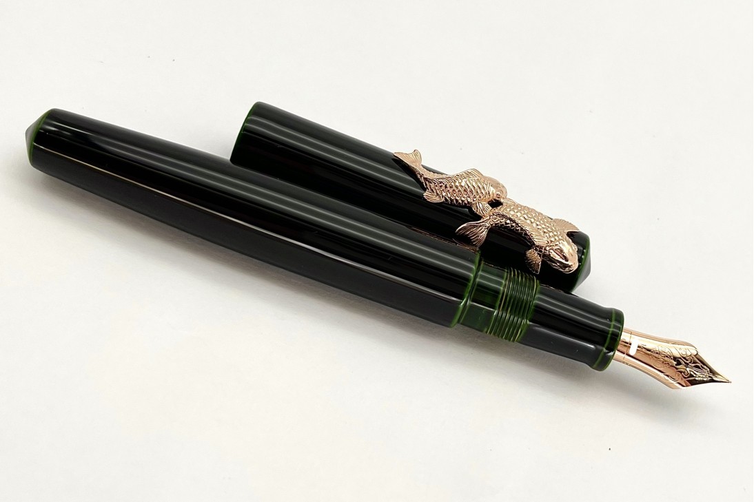 Nakaya Piccolo Long Writer Midori-Tamenuri Fountain Pen with Pink Gold Carp (Koi) Stopper