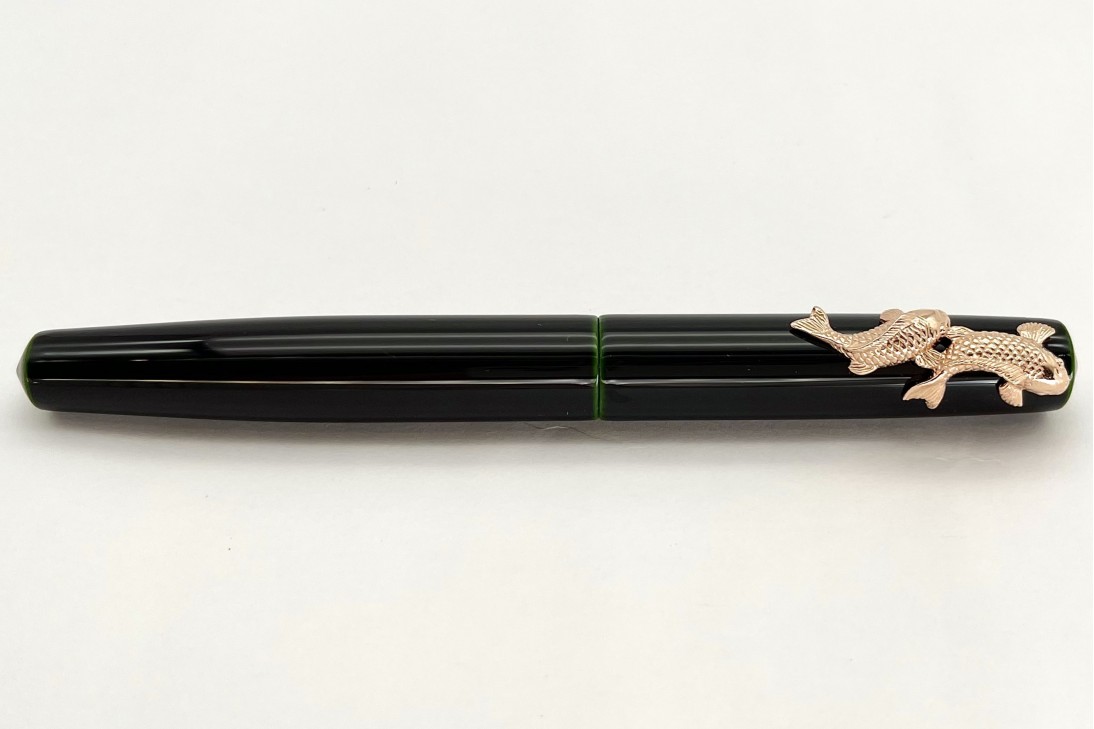 Nakaya Piccolo Long Writer Midori-Tamenuri Fountain Pen with Pink Gold Carp (Koi) Stopper